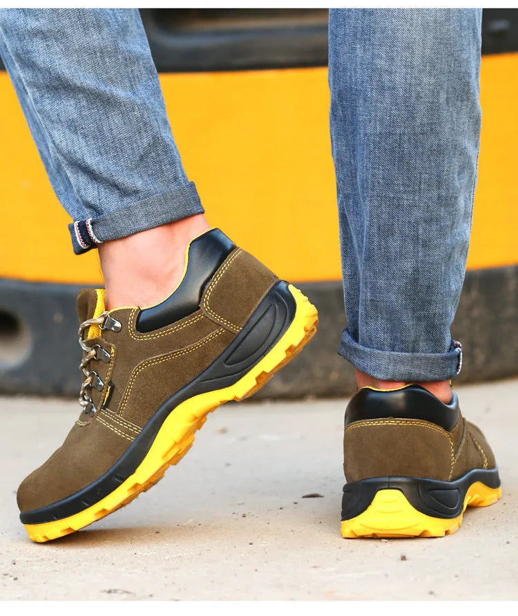 Bronze coloured leather men's steel toe safety shoes with a low-cut design and anti-skid sole.