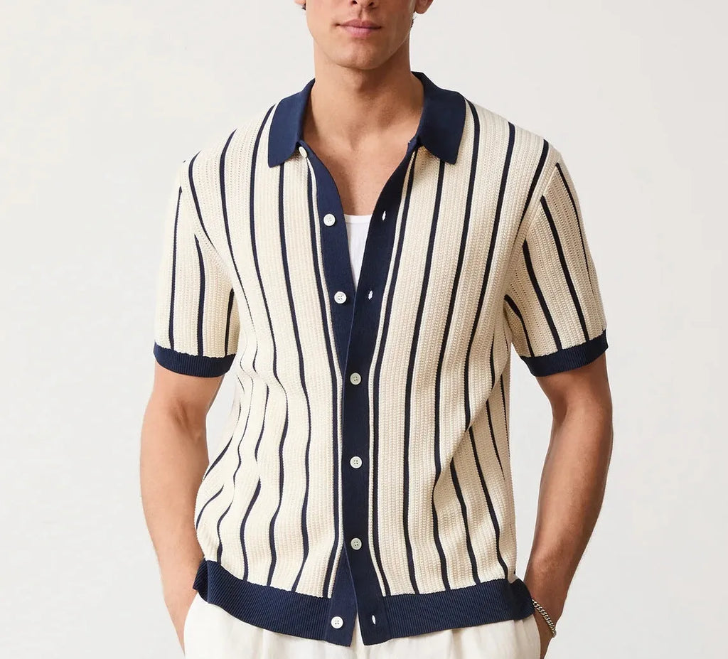 Men's white British style asymmetric lapel knitted top with stripe pattern and ice silk fabric