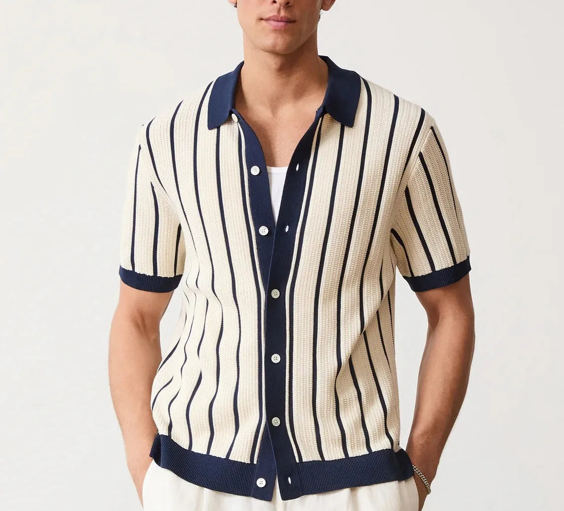 Men's white British style asymmetric lapel knitted top with stripe pattern and ice silk fabric