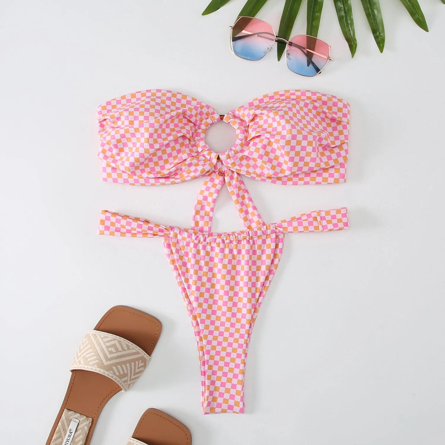 Women's floral print tube top ring bikini swimsuit with backless briefs design