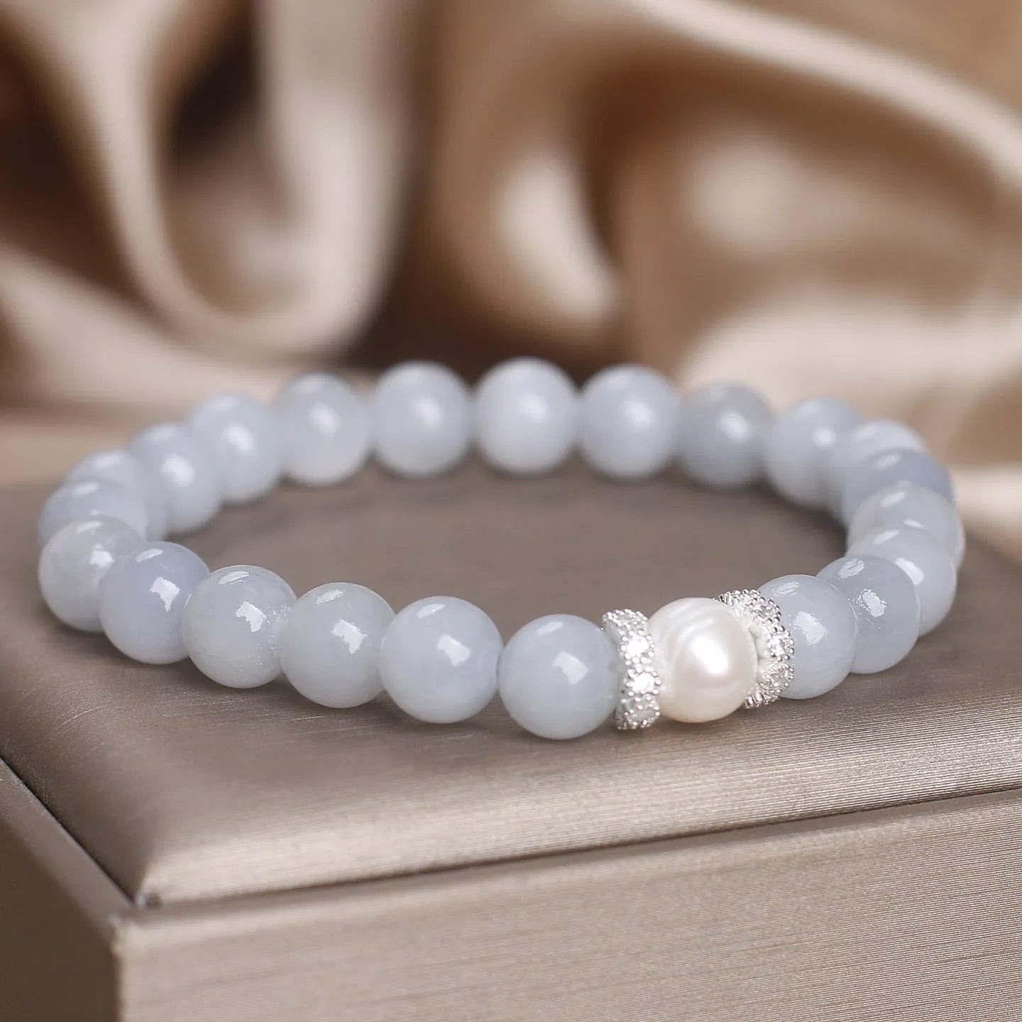 Natural aquamarine bracelet with white sweet clear beads and navy blue pearl accents, handcrafted national style for women