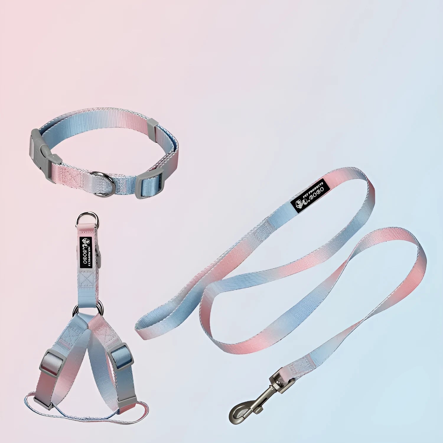 Gradient colour nylon dog leash and harness set shown in pink and blue combination.
