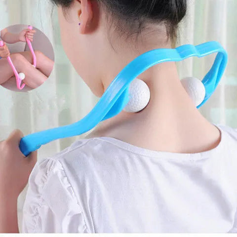 Blue plastic neck massager with hand roller and bracket for pressure point therapy on neck and shoulders