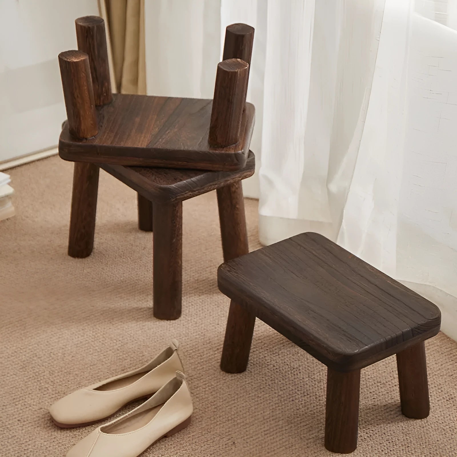 Distressed solid wood household stool with a bracket structure frame for shoe changing.