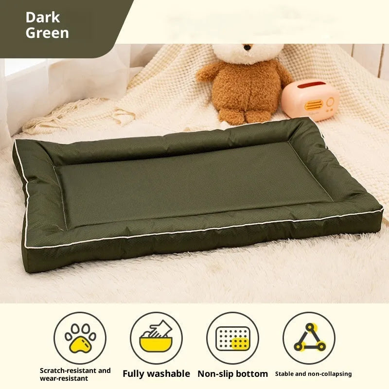 Breathable Oxford cloth kennel pad for dogs in orange, blue, gray, and dark green, available in sizes S to XXL