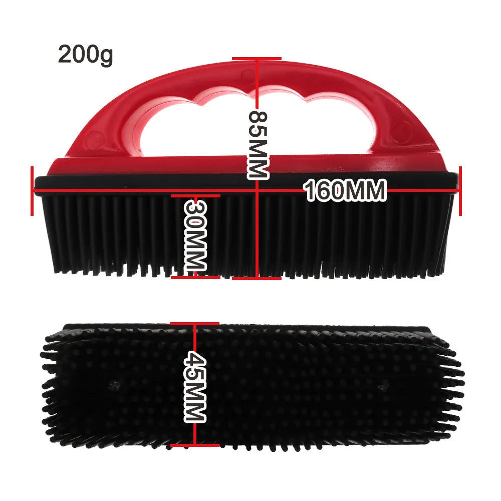 Red pet grooming brush with hair removal and massage functions for bath time and carpet cleaning