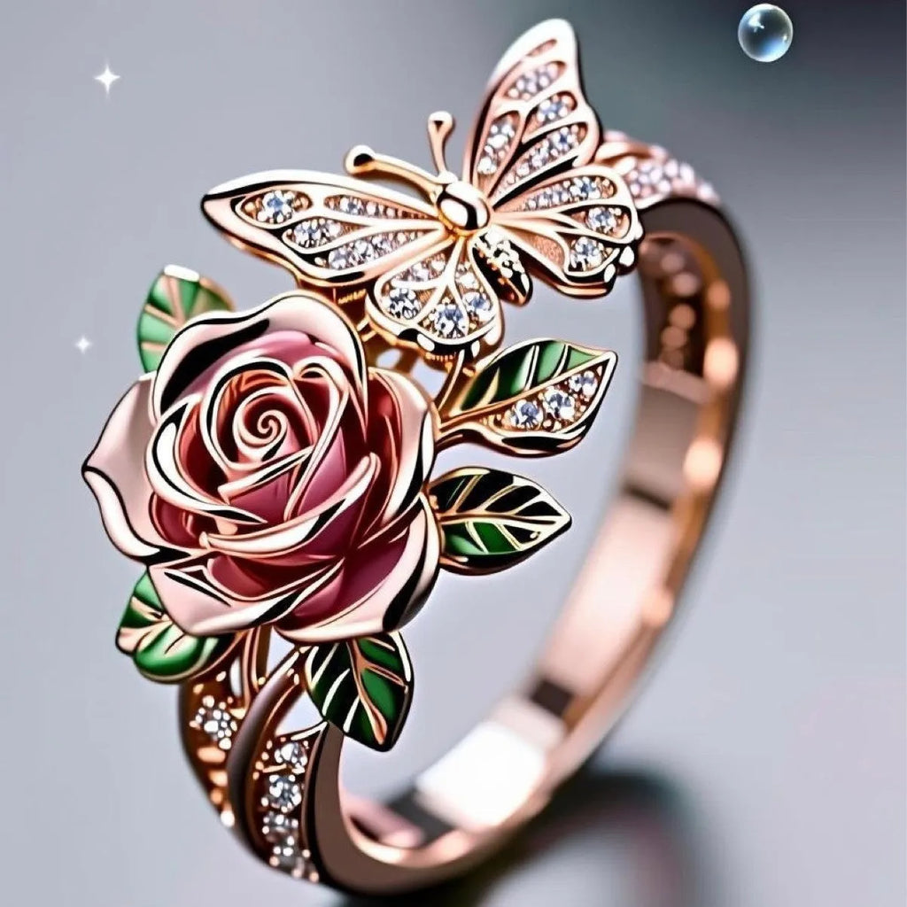Adjustable alloy butterfly ring with oil drip colour finish and floral details