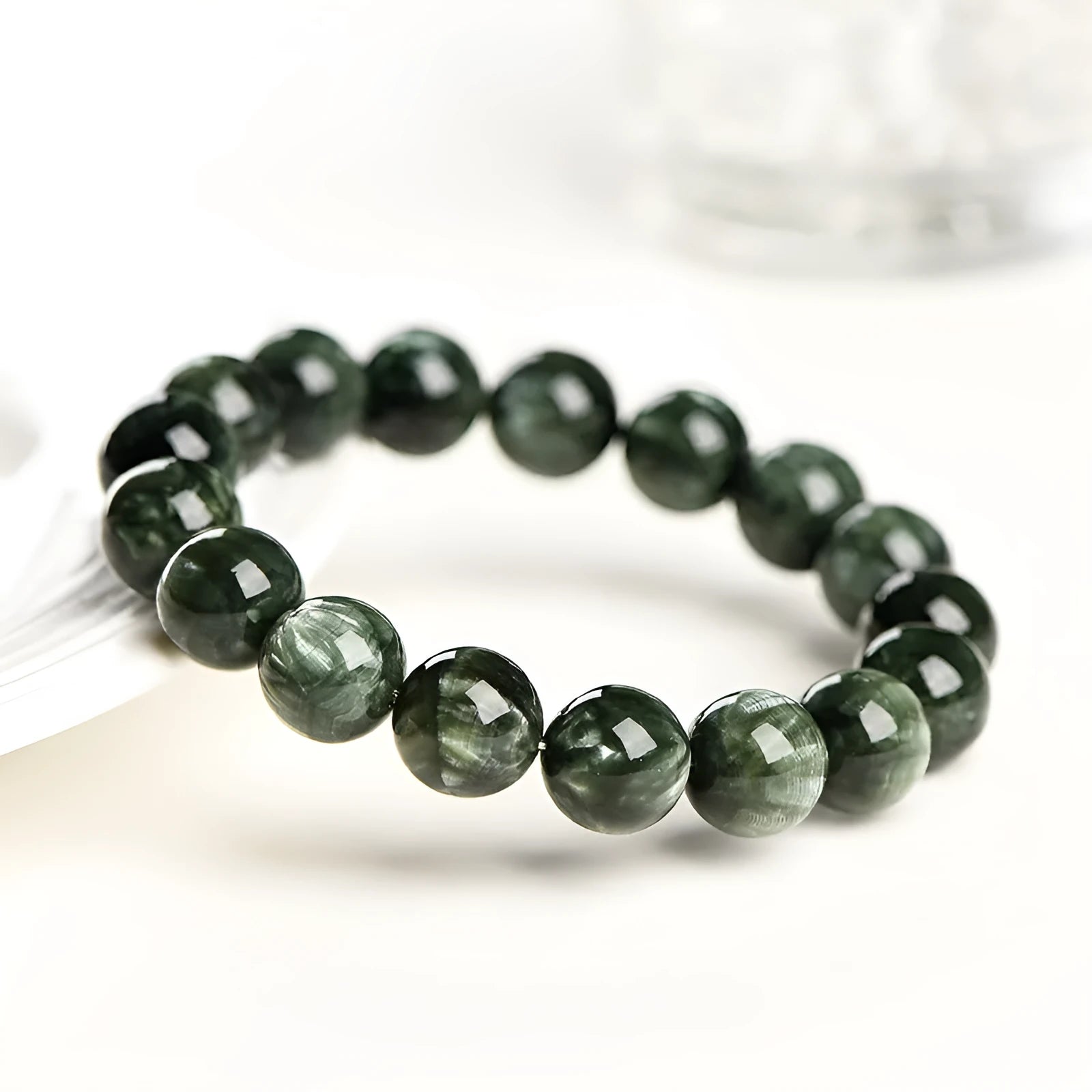 Green Dragon Crystal bracelet with round beads and Ruyi geometric design