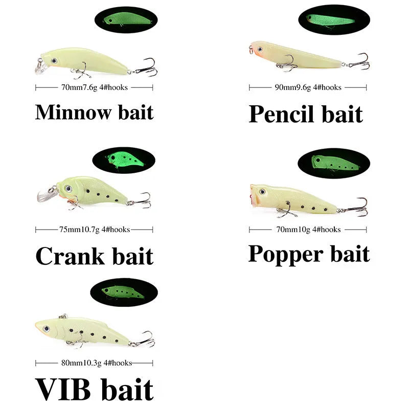 Five 3D fluorescent hard bait fishing lures in mixed colours showing fish-shaped design and treble hooks