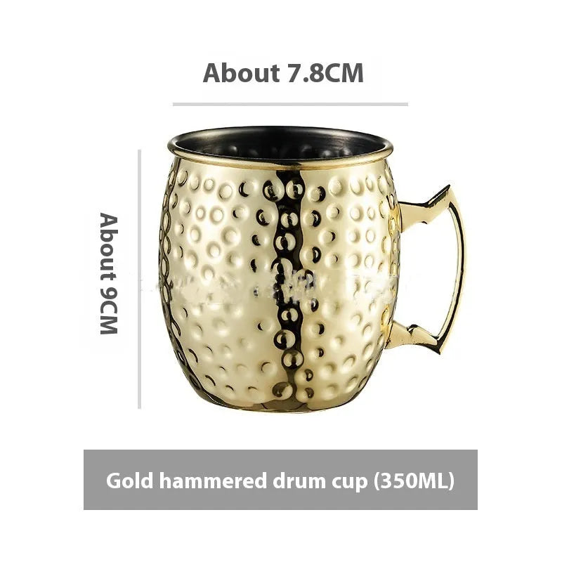 Stainless steel Moscow Mule cup with copper-plated finish in hammered and plain styles.