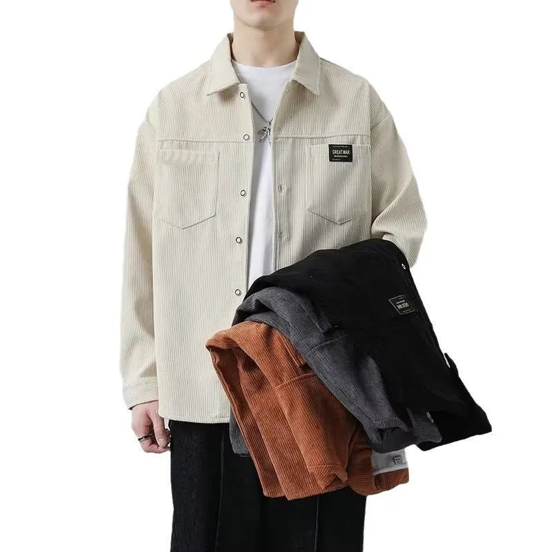 Men's corduroy jacket in khaki, shown as a long-sleeved cardigan shirt