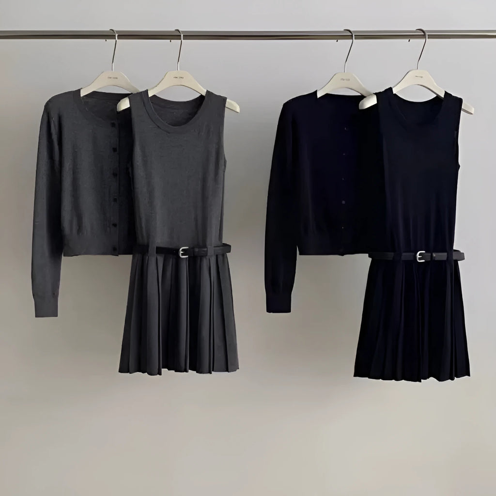 Women's grey knitted two-piece set with vest skirt and long-sleeved cardigan in art retro style