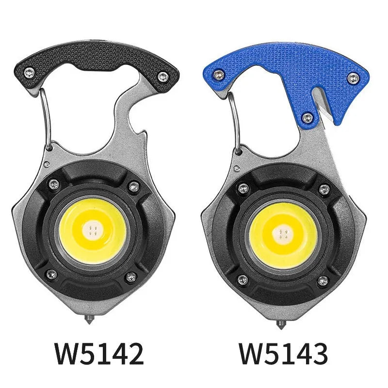 Portable multifunctional keychain flashlight with aluminium body, display screen, and window breaking hammer tip.