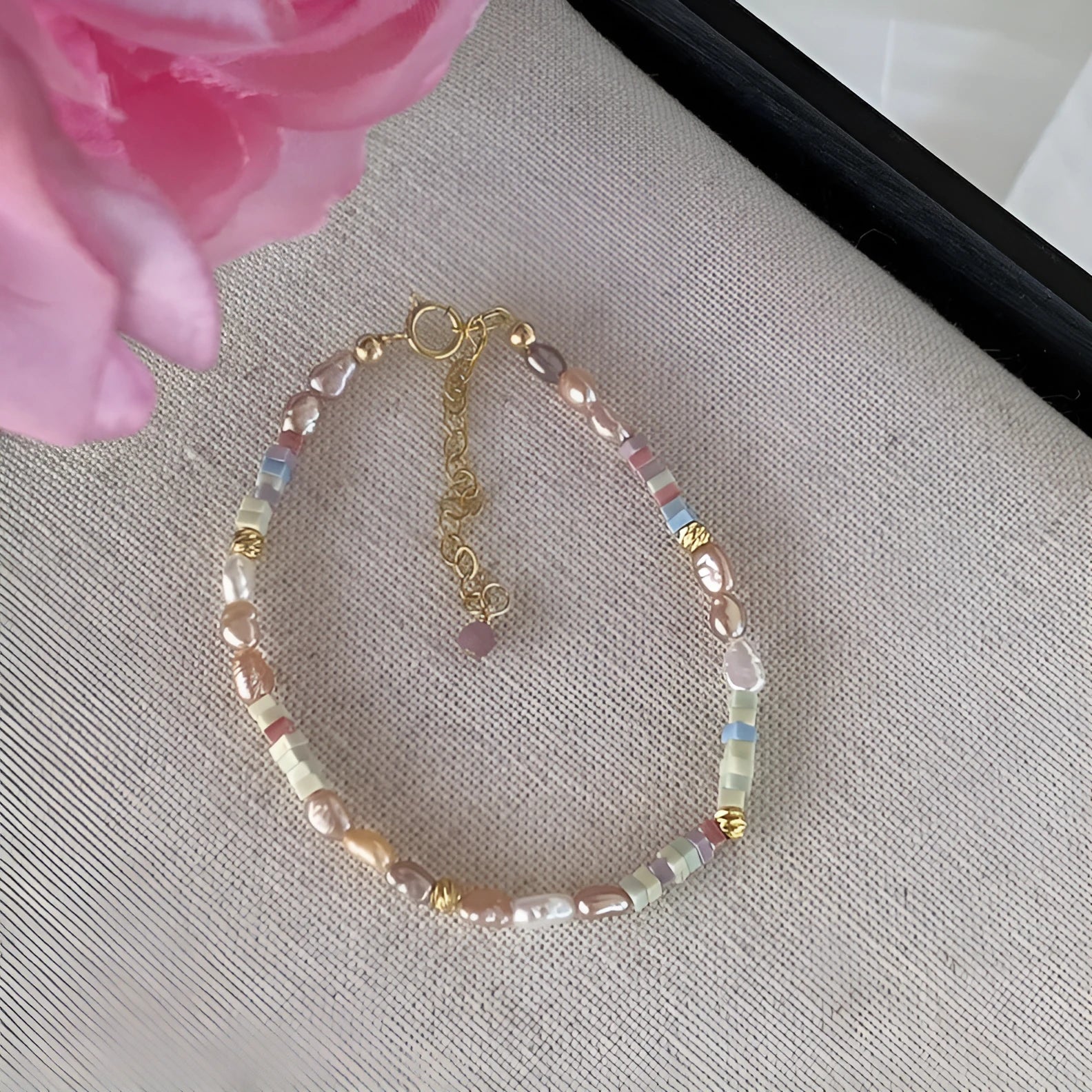 Women's natural pearl bracelet and necklace set with 14K gold gilded purple silver finish