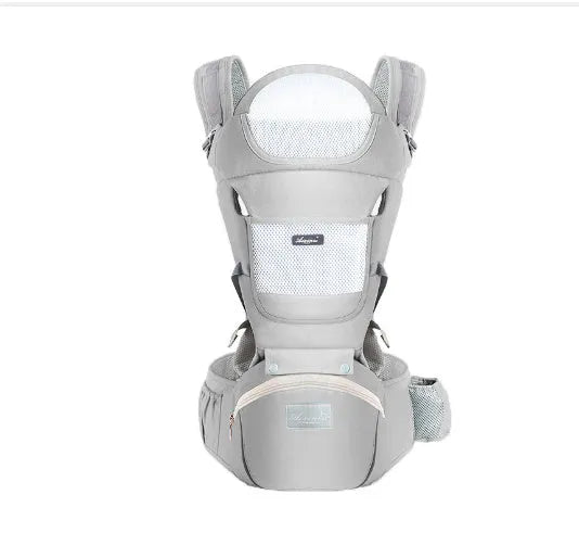 Four Seasons baby waist stool carrier in Ice Star Green cotton with shoulder straps and waist stool