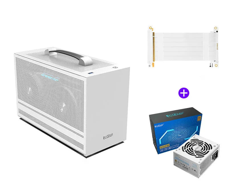 Three Hummingbird PRO portable ITX desktop chassis in titanium gray or white with tinned steel construction