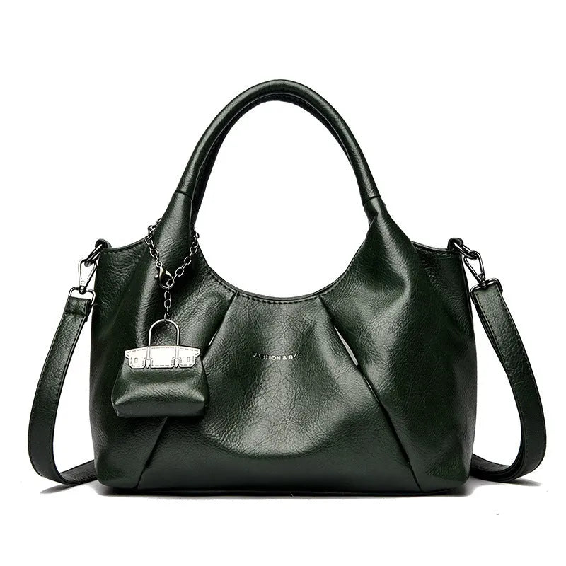Trendy niche women's new shoulder bag in genuine leather with dumpling shape and pleated detail, khaki colour