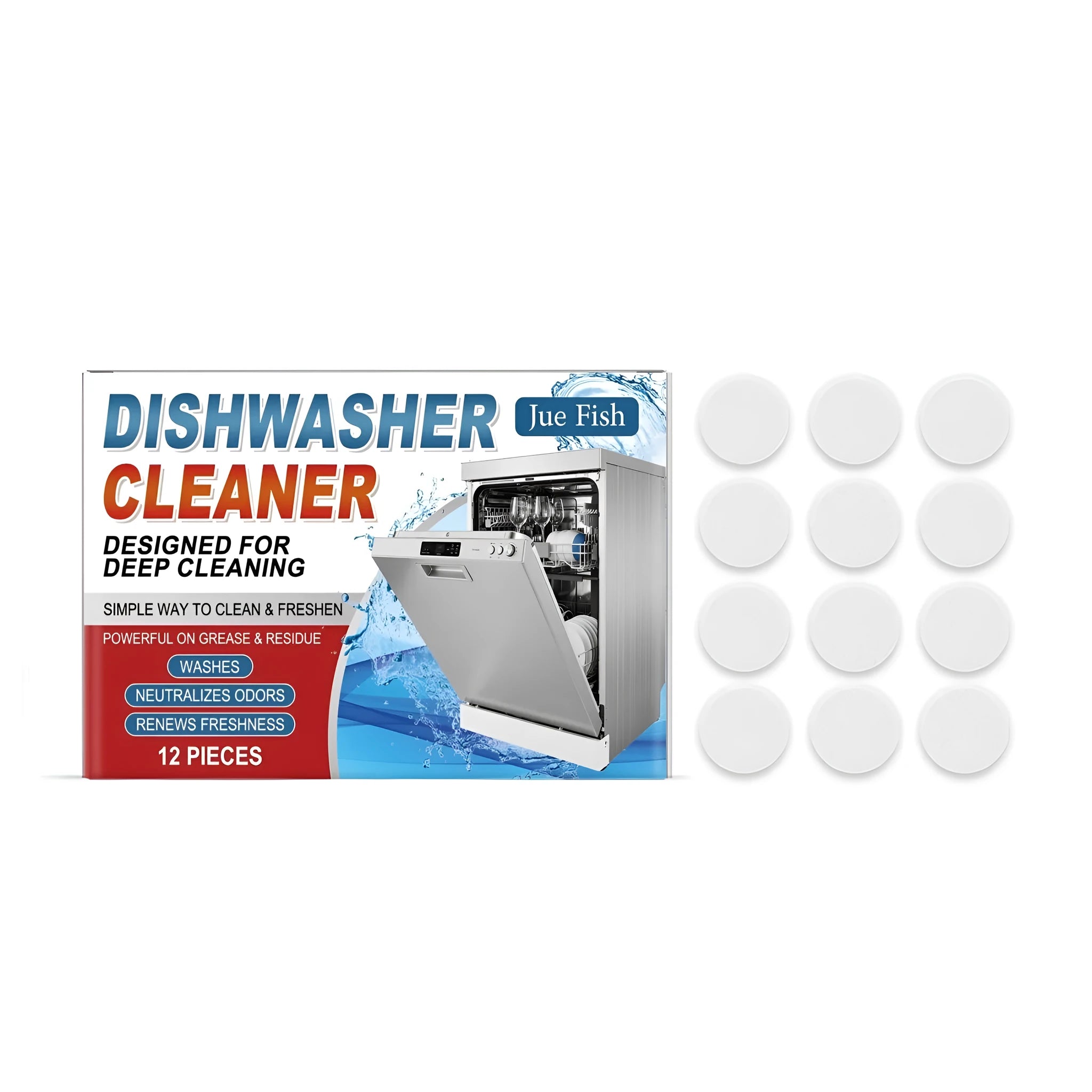 Pack of 12 white dishwasher cleaning tablets for appliance maintenance.
