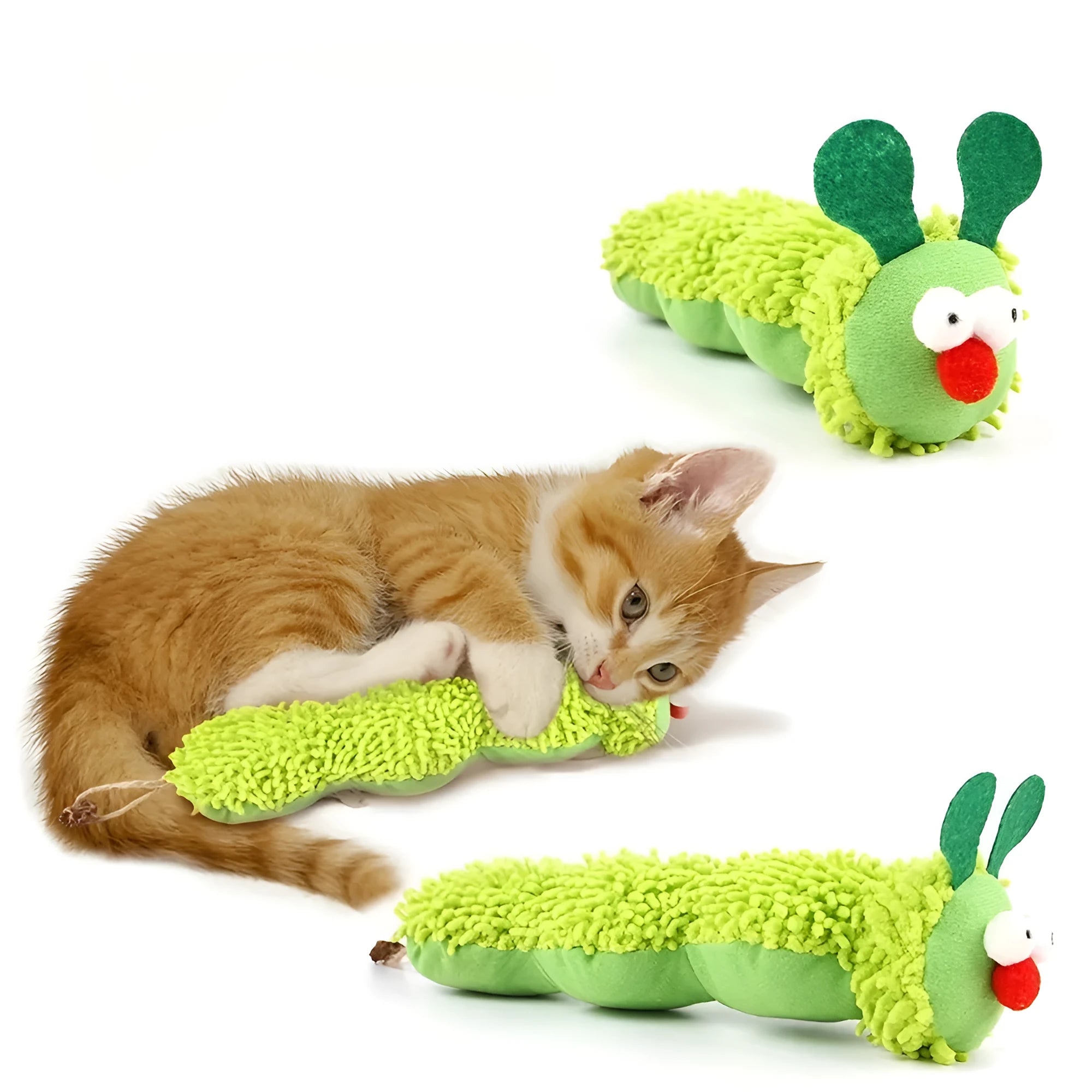 Green rechargeable electronic plush cat toy pillow measuring 24cm long