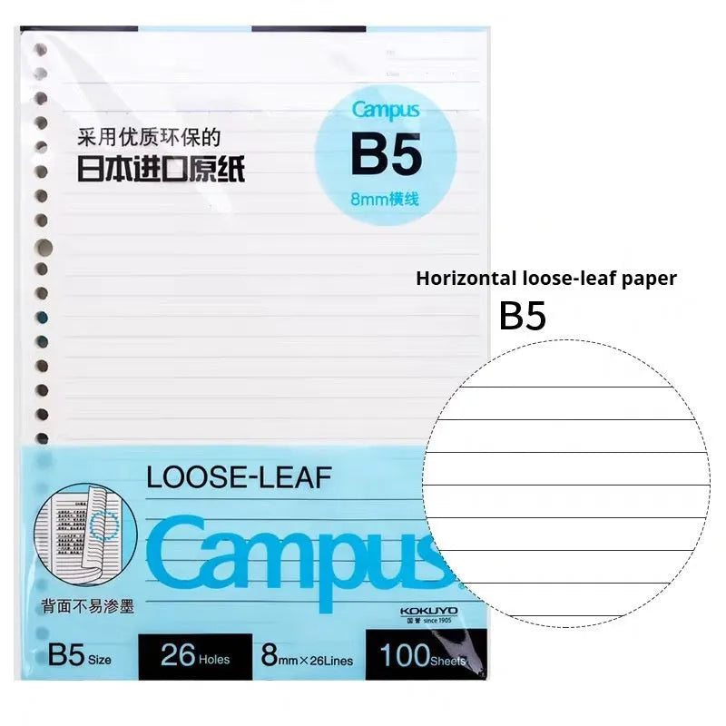 Loose-leaf spiral notebook with PP cover open, showing raw wood pulp pages in A5 or B5 size.