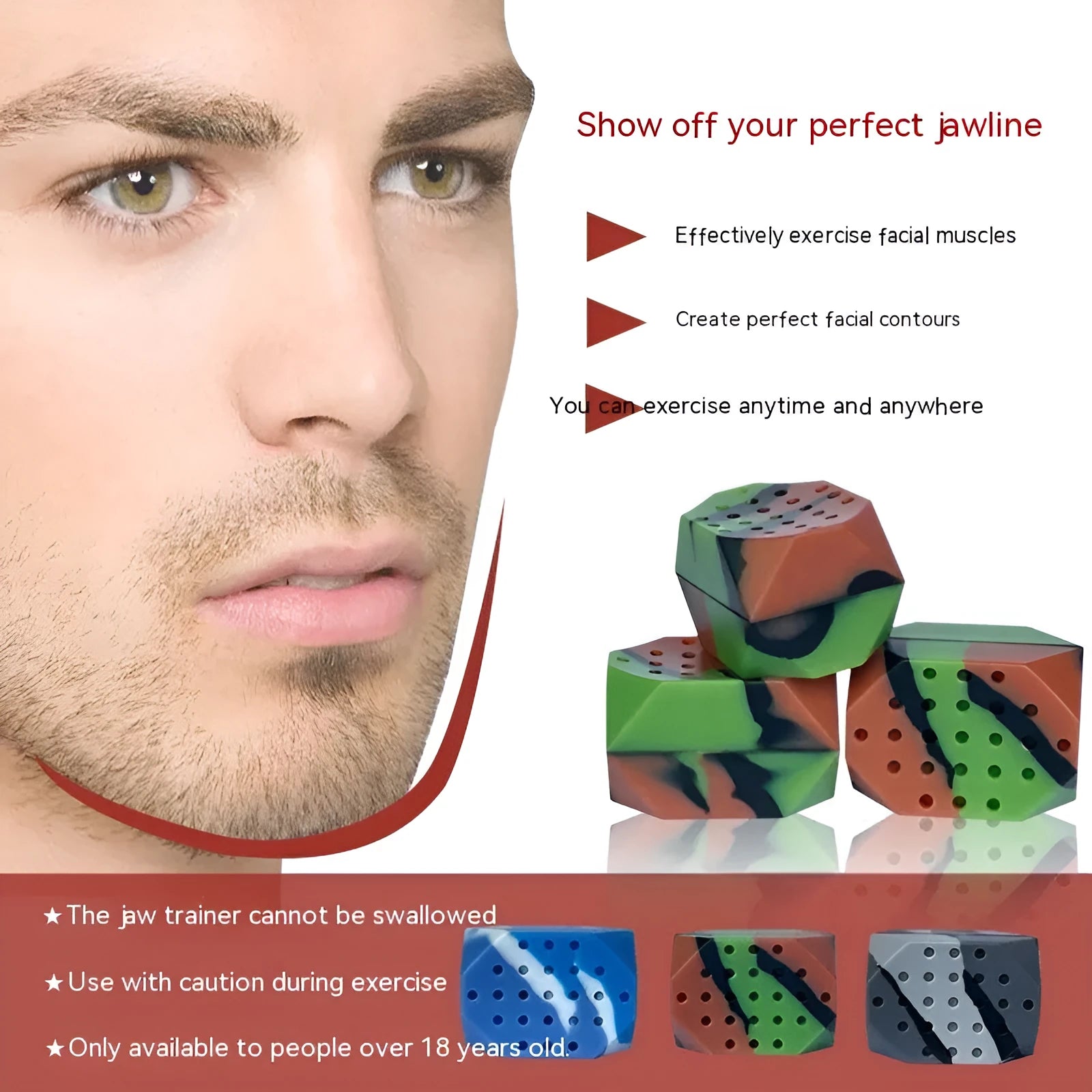 Two camouflage pattern silicone facial fitness balls for masseter exercise in transparent packaging