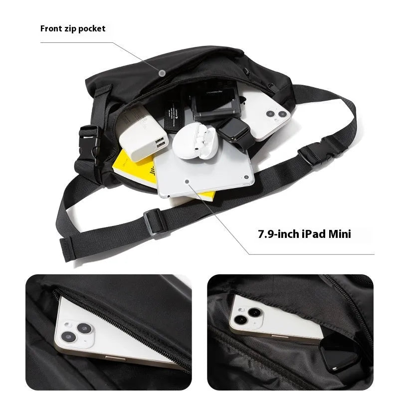 Black men's 8-inch slanted chest bag made from Oxford fabric with visible sewing line details