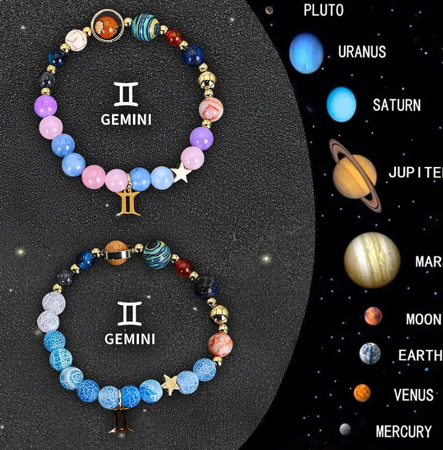 Set of two natural stone beaded bracelets with zodiac sign charms on an adjustable band