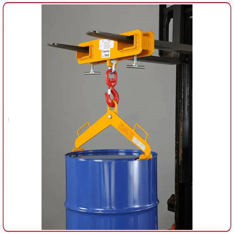 MK forklift hook attachment with rotatable hook and safety lock mounted on forklift forks.