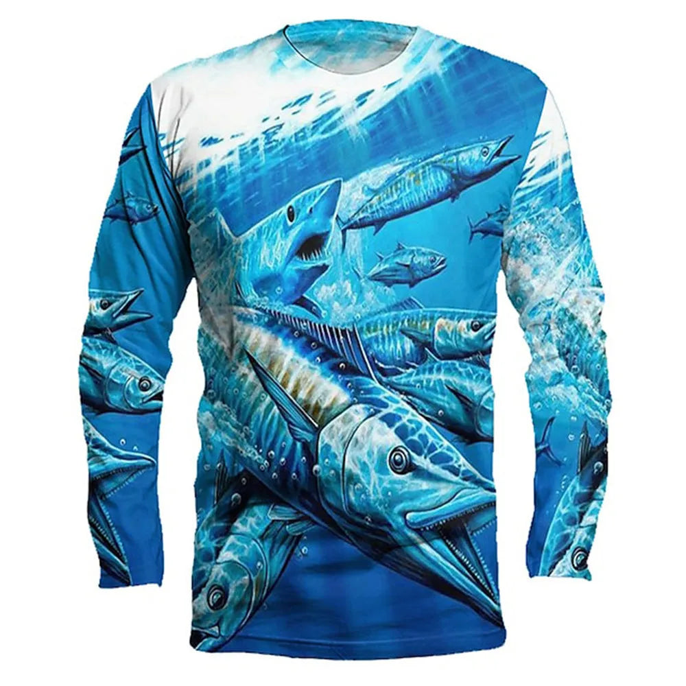 Men's grey round neck pullover with a colourful printed fish design on the front.