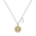 Women's 925 sterling silver sunflower necklace with daisy petal pendant on an adjustable cross chain.