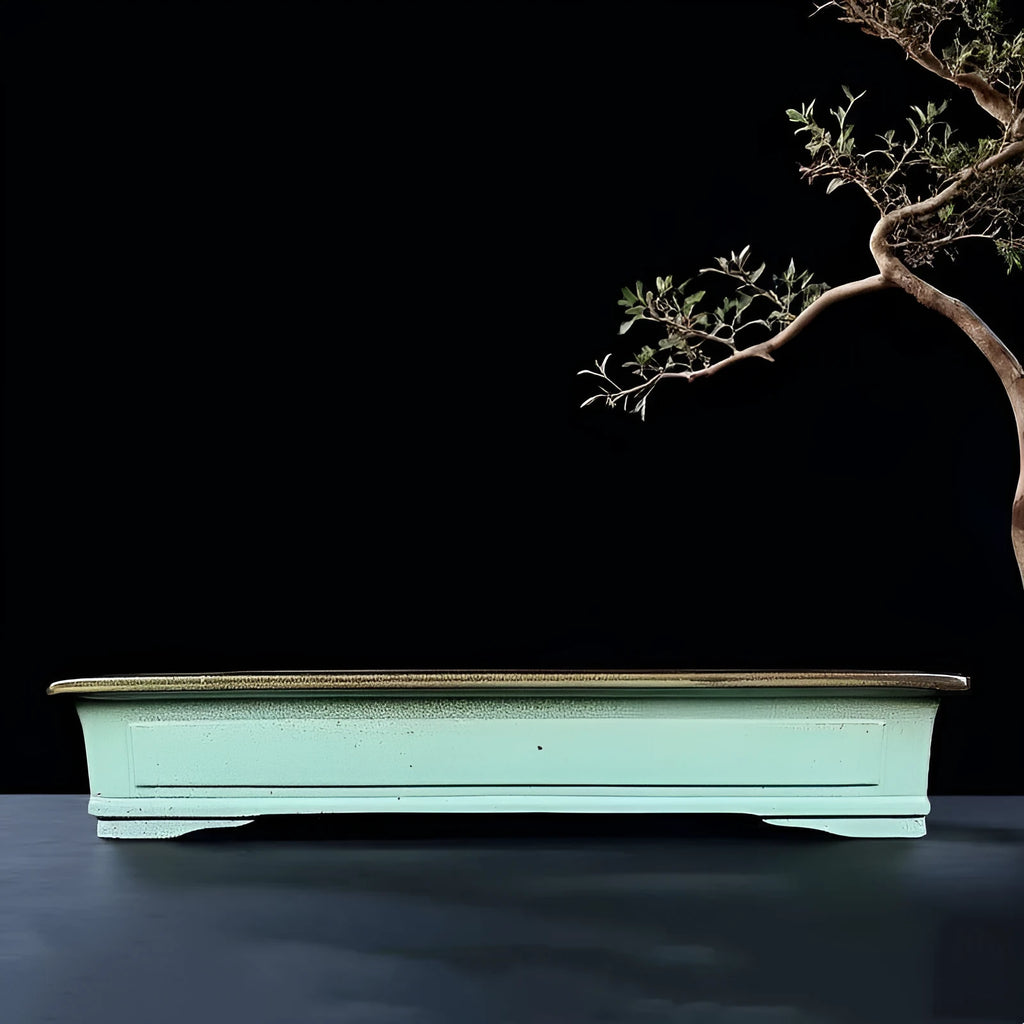 Green handmade ceramic bonsai pot with retro purple sand crackled glaze finish