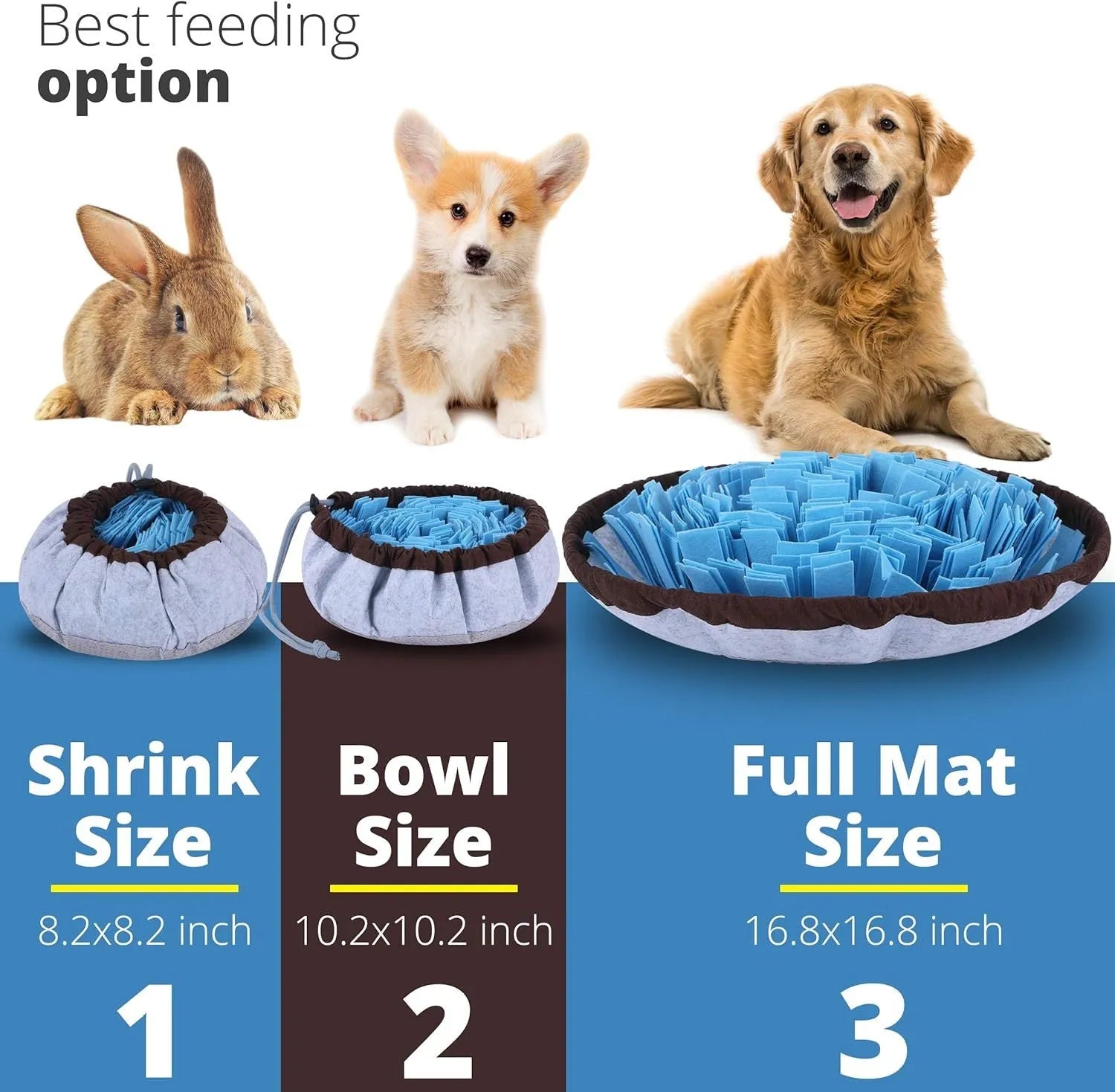 Blue and green adjustable fleece snuffle mats for dogs, shown with kibble scattered in the folds.