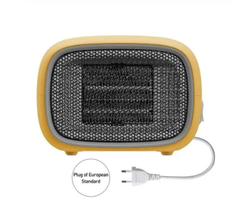 Mini ceramic desk heater in green colour showing compact dimensions