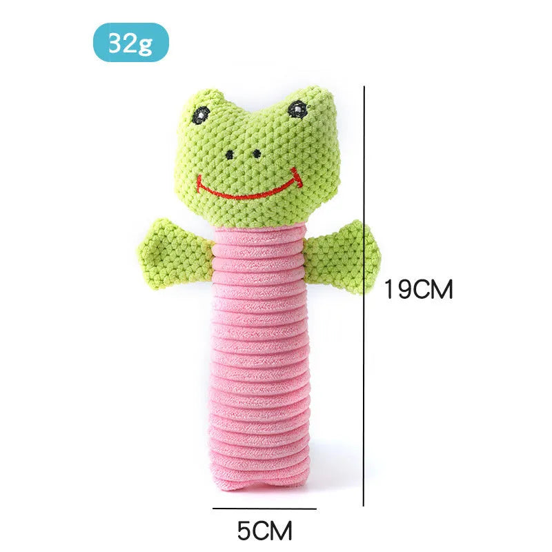 Soft plush squeaky dog chew toy in animal shape for dental care and play.