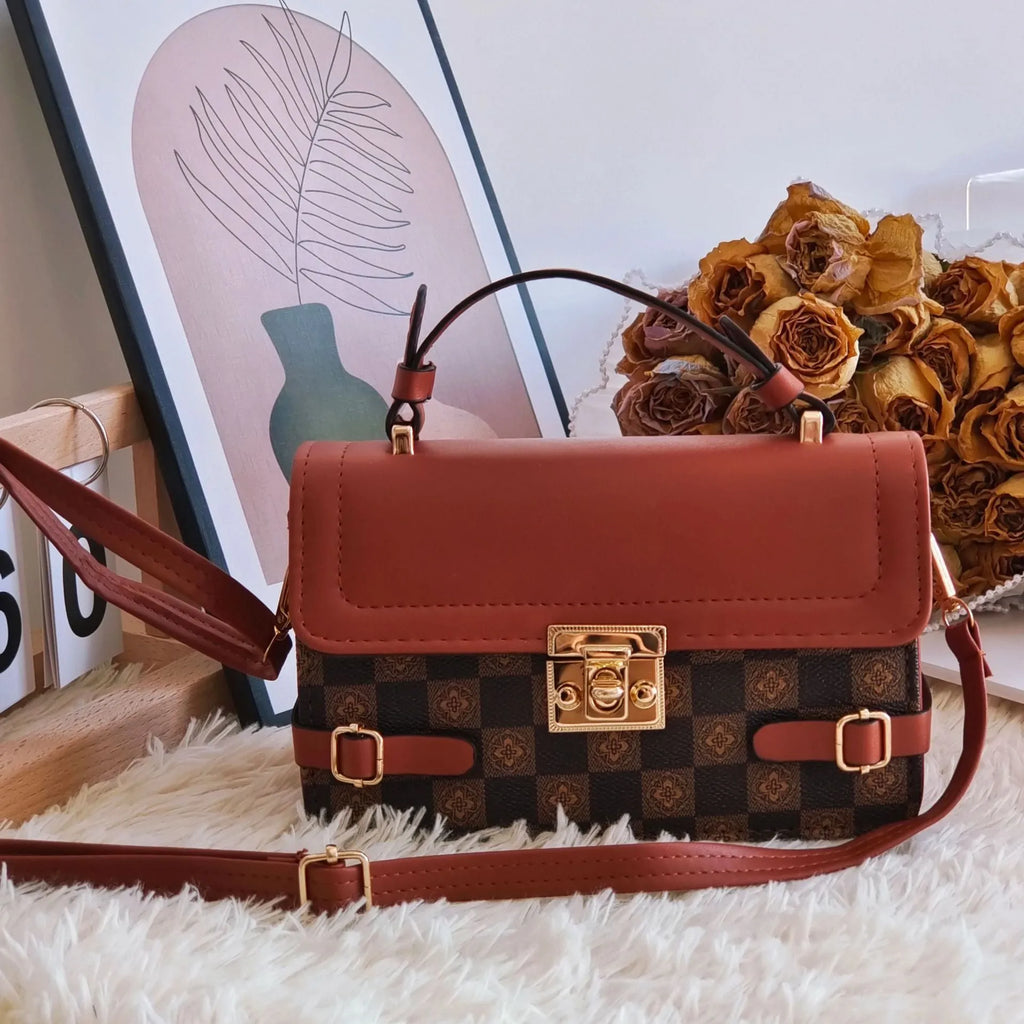 PU leather retro square pattern crossbody bag with floral decoration and file organisation compartment