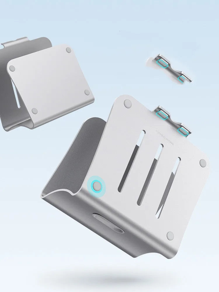 Aluminium alloy notebook cooling bracket in silver colour, showing its thin 4.07mm profile and rotary hinge design.