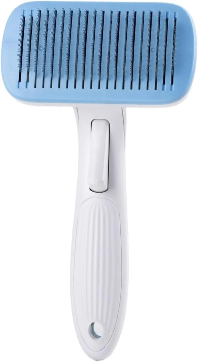 Automatic pet hair removal comb for dogs and cats in blue, grey, green, and pink colour options