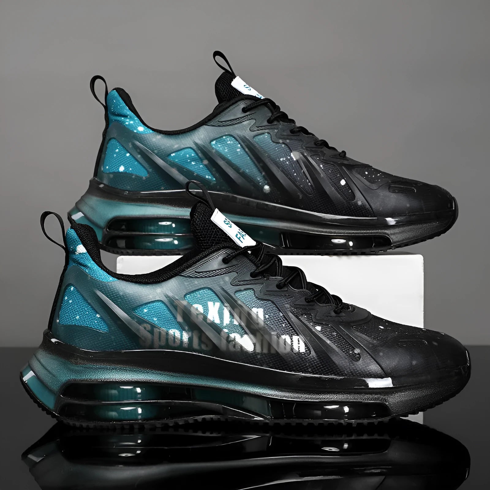 Men's black and green heightened platform casual shoes with mesh upper and rubber sole