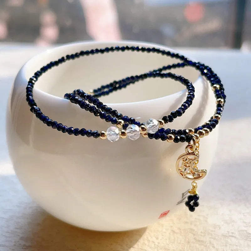 Blue sand stone three-ring multi-layer bracelet for women with gold tone components