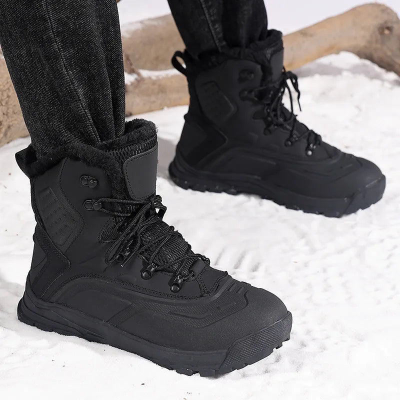 Men's black fleece-lined high-top lace-up boots with a tall upper and ribbed sole.