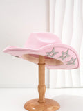 Polyester woven western cowboy hat with conical crown in beige colour with hexagonal star details