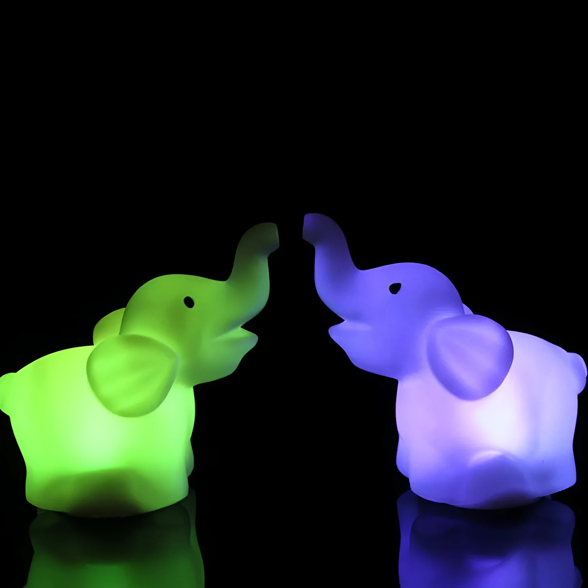 Elephant night light showing 7 colour changing modes with slow flash, vinyl body, 8x8.8x4.5cm size, battery powered