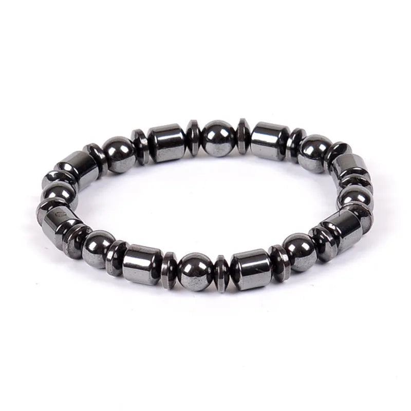 Black pentagram stone magnetic therapy bracelet with magnetite and hematite beads on a stretch band.