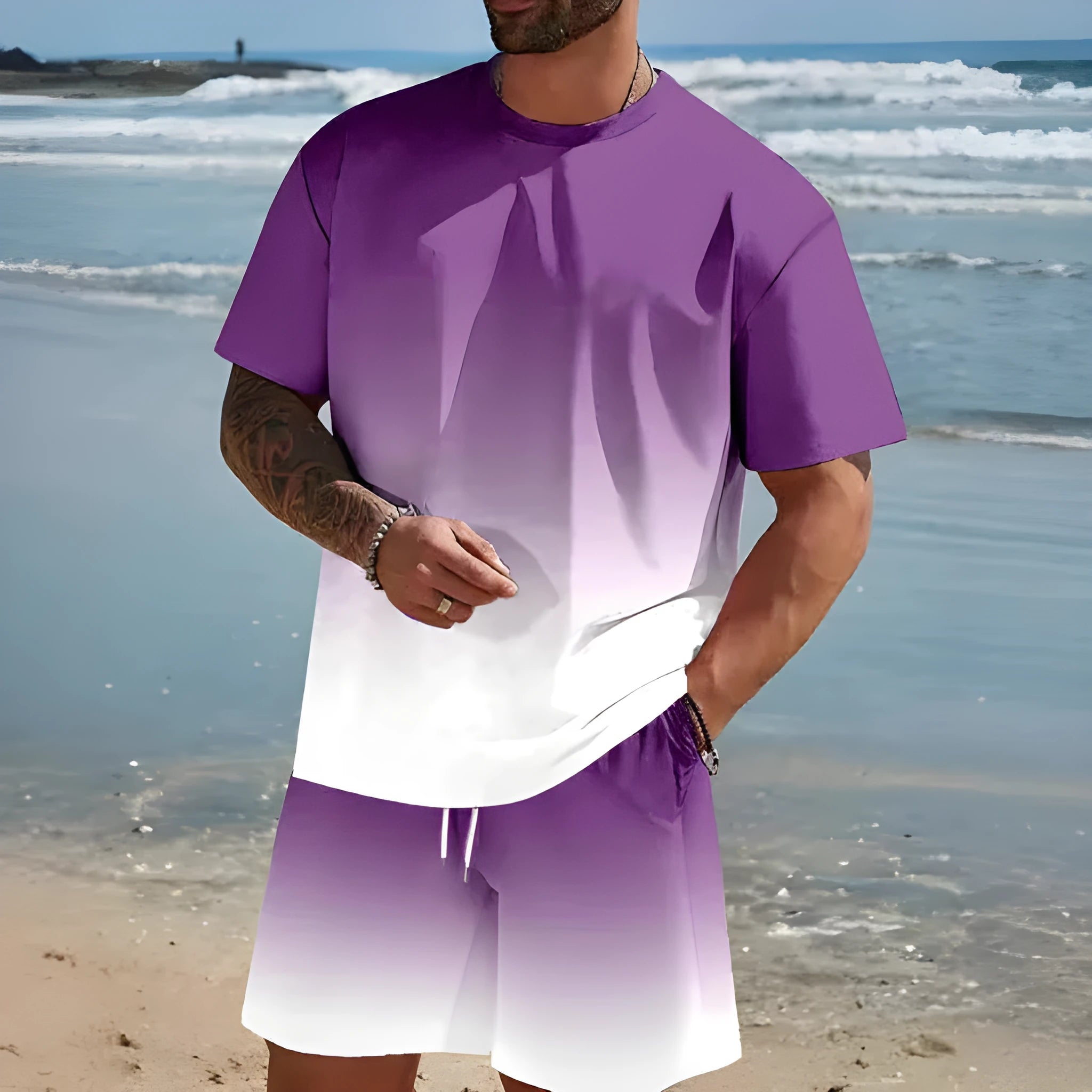Men's loose-fit short-sleeved T-shirt and matching shorts in polyester summer leisure suit