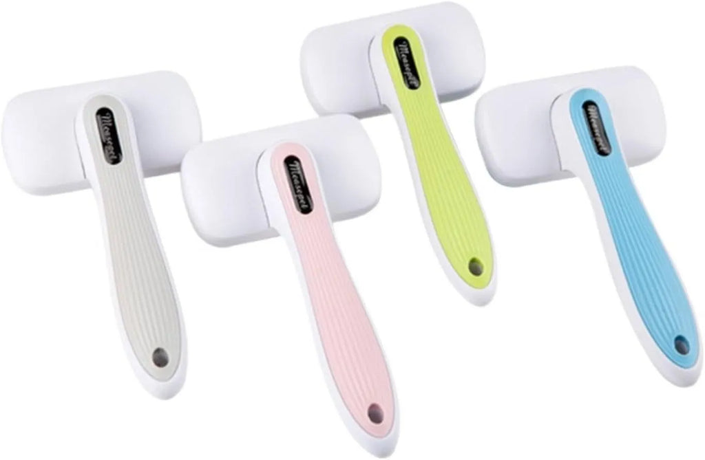 Automatic pet hair removal comb for dogs and cats in blue, grey, green, and pink colour options