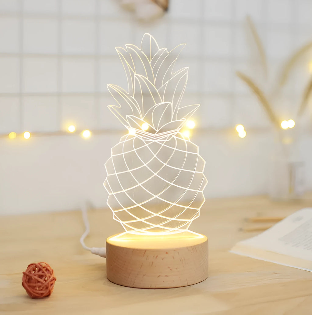Pineapple-themed bedside table lamp with wood and acrylic construction measuring 24.5x10cm