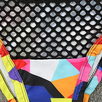 Women's cross strap fishnet high waist bikini set in multicolor checkered pattern, polyester swimsuit with top and shorts
