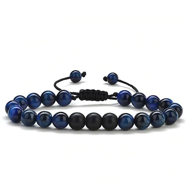 Geometric matte black agate couple bracelets with tiger eye beads, shown as a matching set.