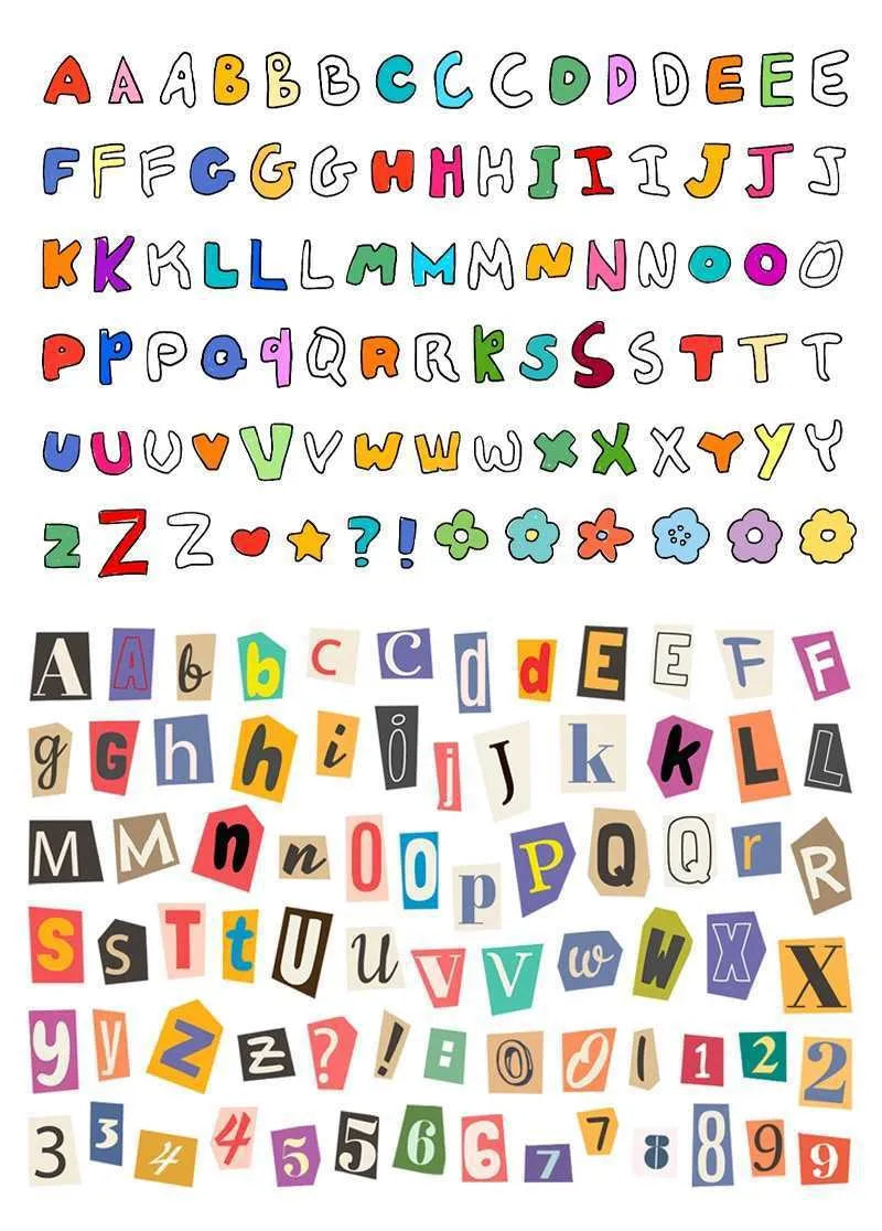 Set of printed cute style decoration stickers showing English letters, numbers, and weekly words on sheets.