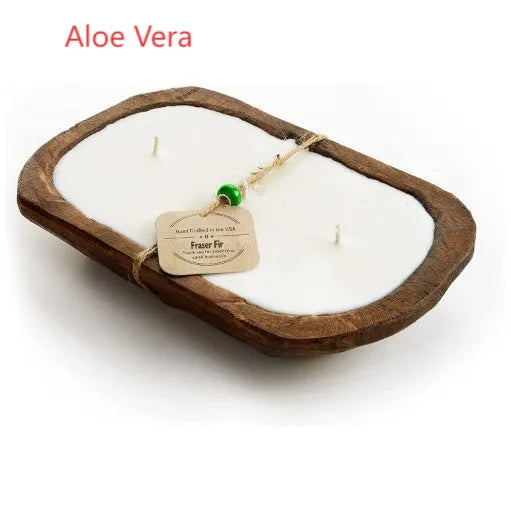 Retro-style wooden basin containing a Lavender soy wax aromatherapy candle with three visible wicks.